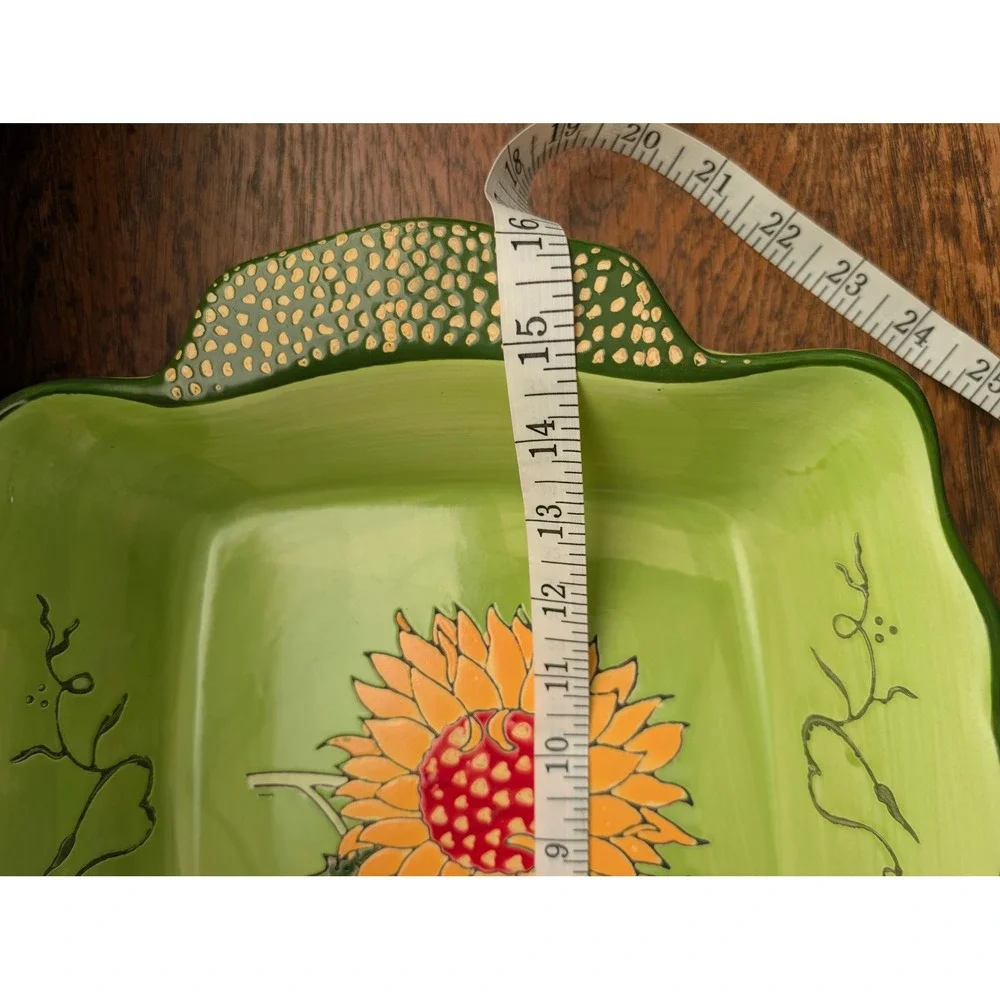 Blue Jean Chef Sunflower Ceramic Baker Set 2pc Green Floral Lasagna Casserole
